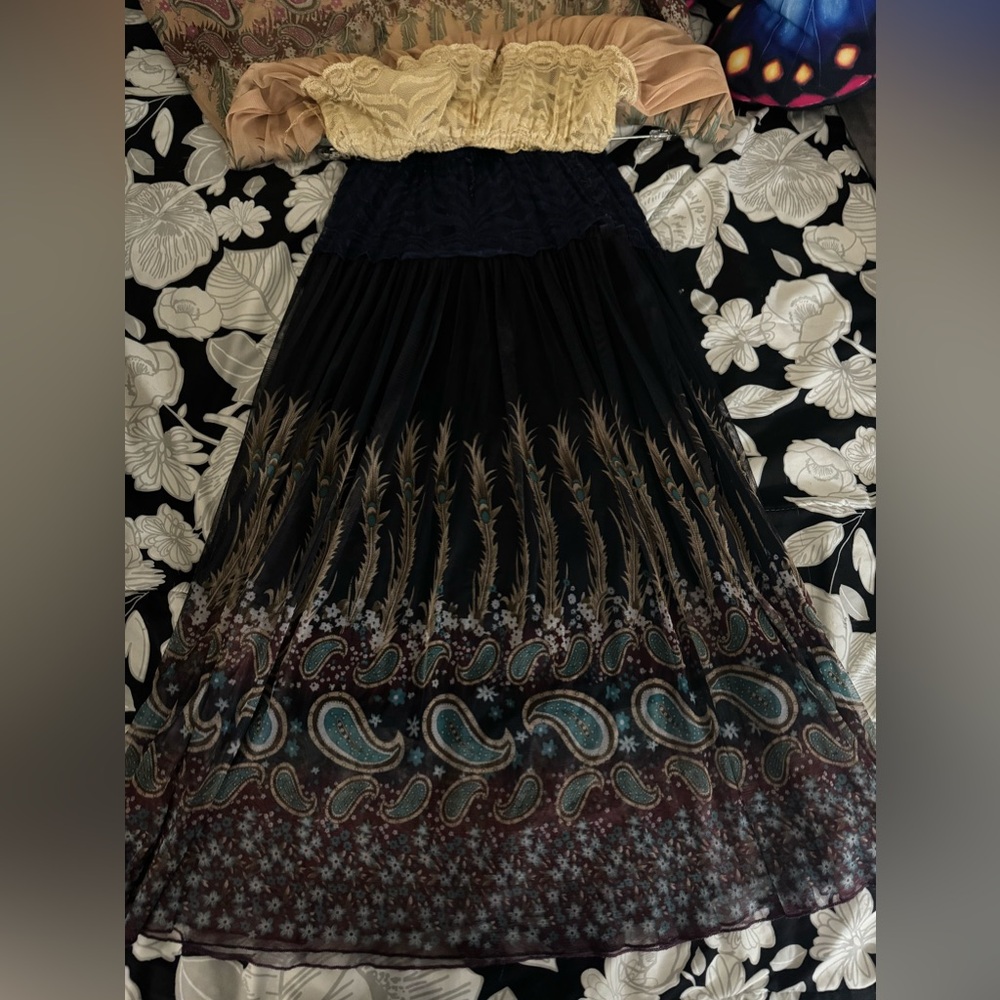 Lace - long skirt - blue and turquoise with Paisley print